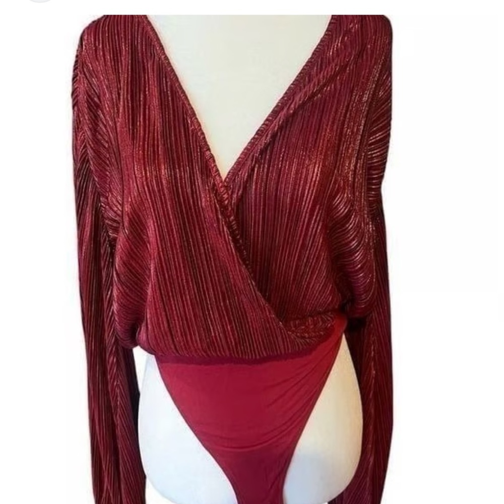 NWOT Bardot Priscilla Red Metallic Pleated Wrap Bodysuit Women’s M